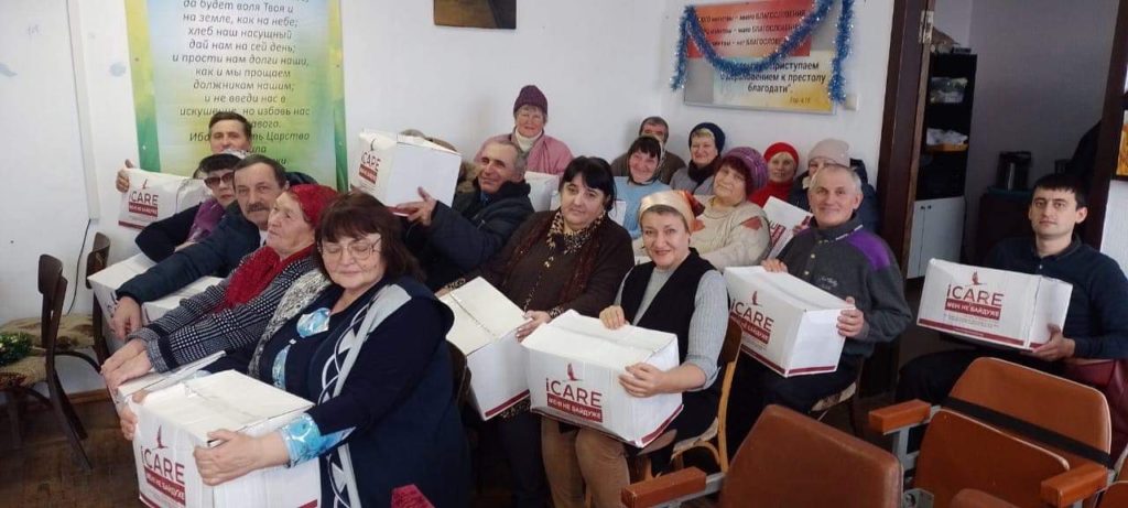 Aid given out in a church in Okhtyrka