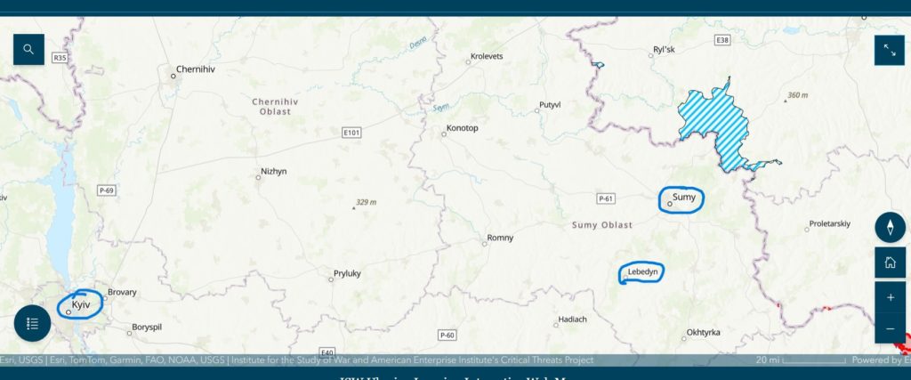 A map of the Sumy area with both Lebedyn and Sumy circled to show how close to the Russian border they are, along with a shaded area showing the area Ukrainian forces have advanced into Russian territory