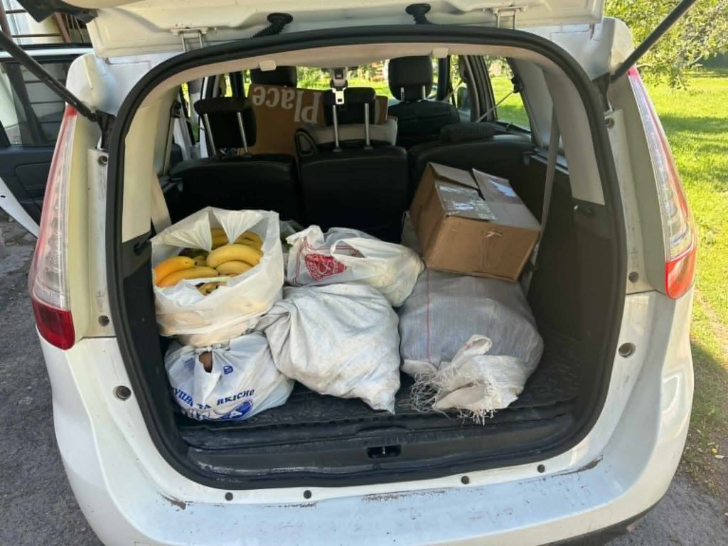 A car boot filled with bags of donated food and supplies