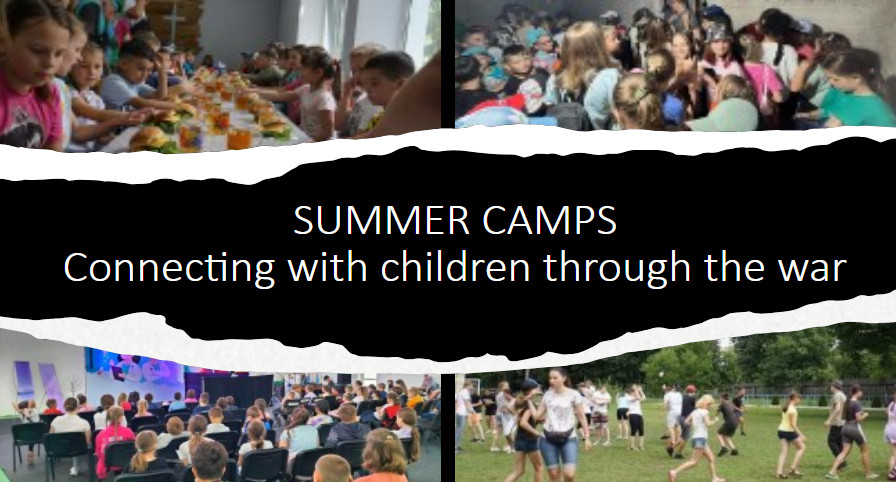 Illustration titled “Summer Camps – Connecting with children through the war,” depicting children engaging in various camp activities such as drawing, playing, and interacting, set against a backdrop symbolizing both conflict and hope.