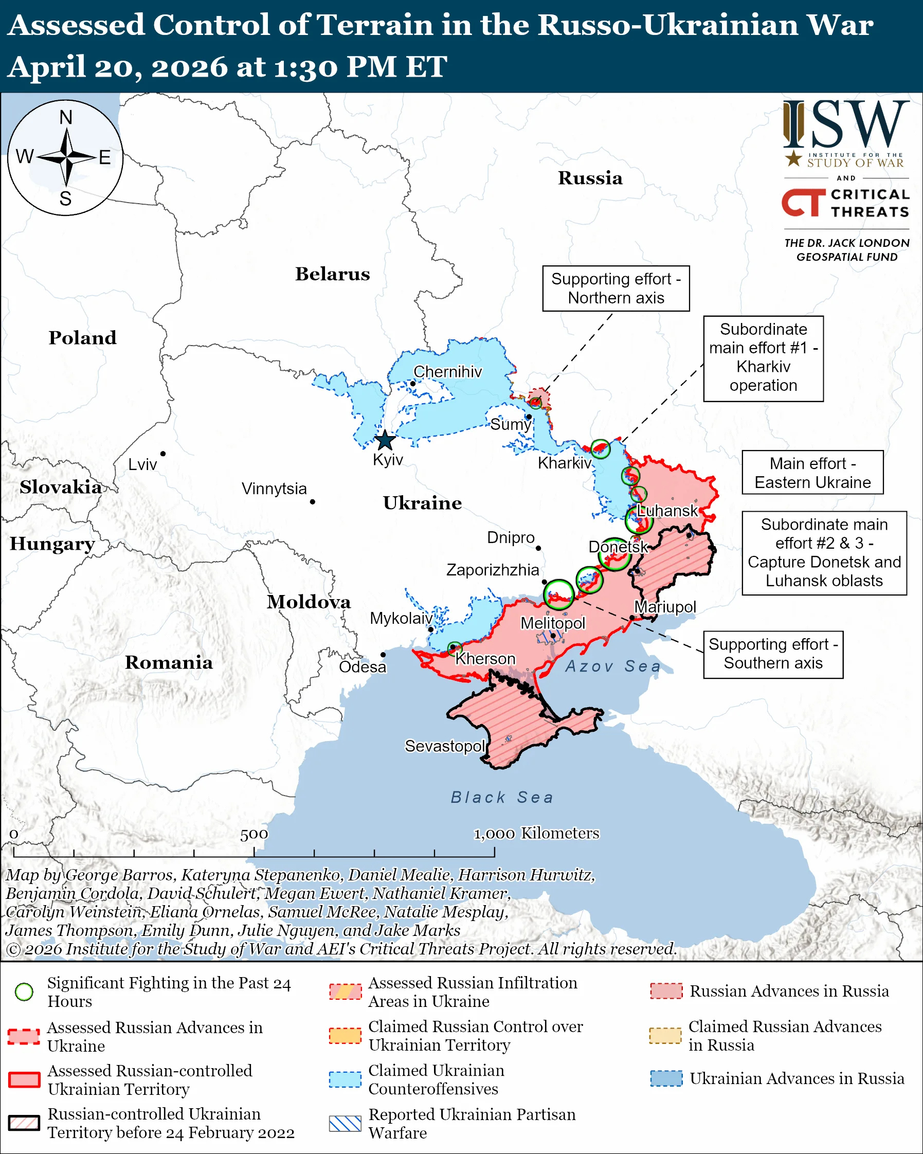 Detailed map of assessed control of terrain in the Russo-Ukrainian War dated April 20, 2026, with legend showing occupied, contested, and advancing areas.
