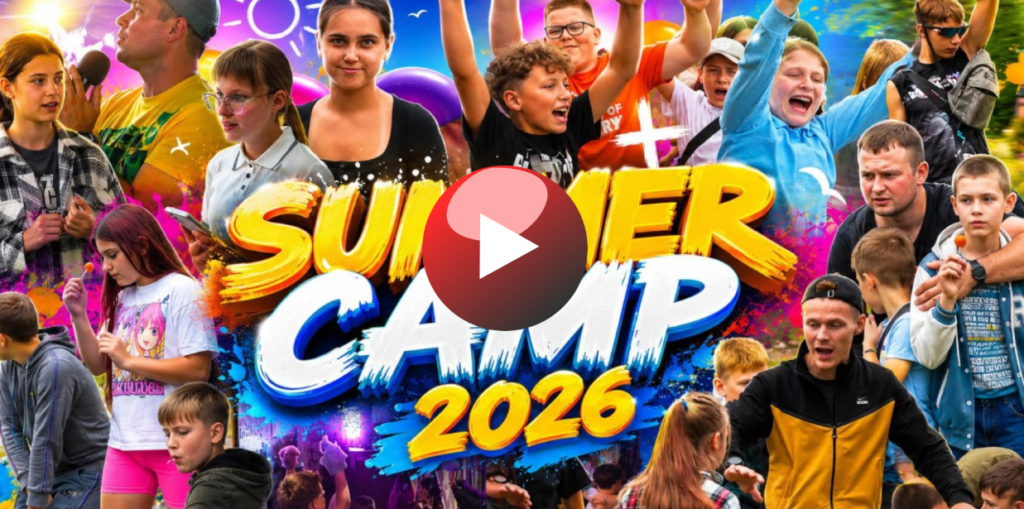 Colourful video thumbnail promoting Hope Lebedyn's Summer Camps 2026, featuring children enjoying games, worship and activities in Ukraine.