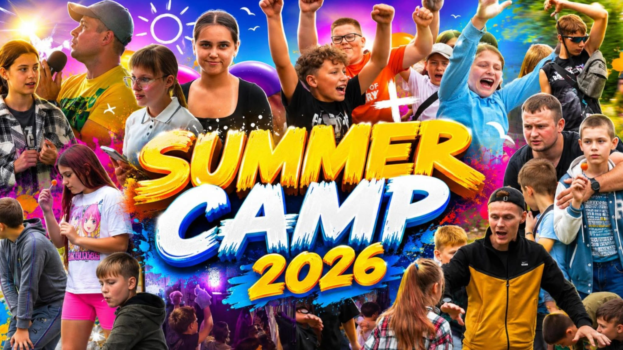 Colourful video thumbnail promoting Hope Lebedyn's Summer Camps 2026, featuring children enjoying games, worship and activities in Ukraine.