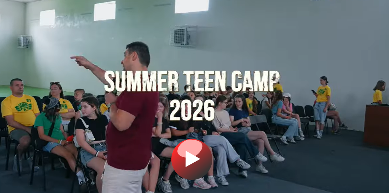 Video thumbnail showing the opening session of the 2026 Summer Teen Camp, with teenagers gathered together as Bohdan addresses the group.