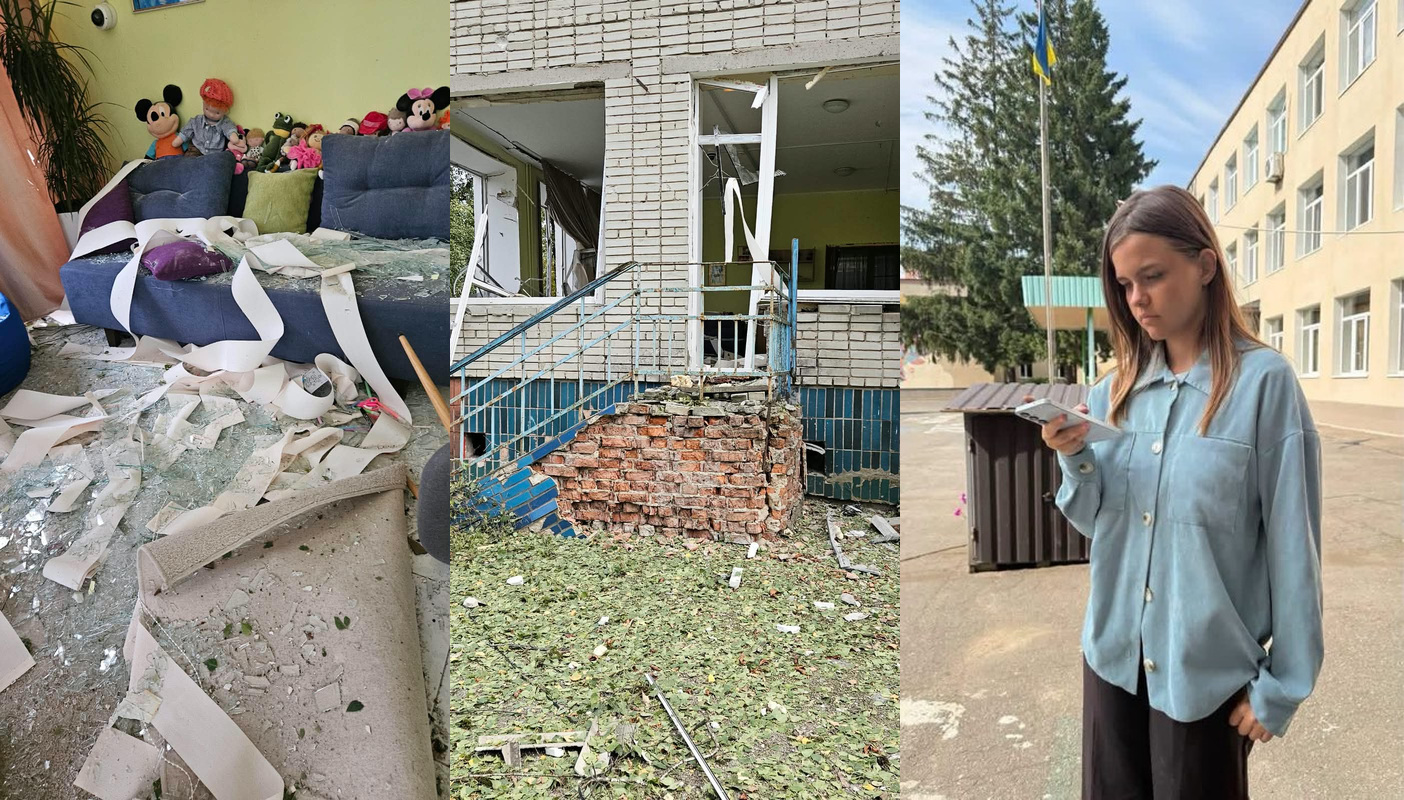 Three photographs showing the aftermath of damage to the orphanage in Vorozhba, Ukraine, including debris inside the building, shattered windows and damaged brickwork, alongside a portrait of Katya who was killed in the blast.